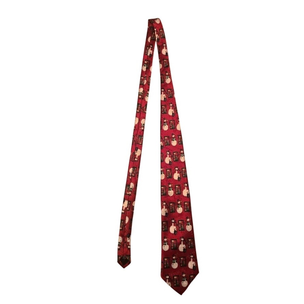 Yule Tie Greetings Hallmark Snowman Christmas Red Silk Blend Necktie MMG Vintage